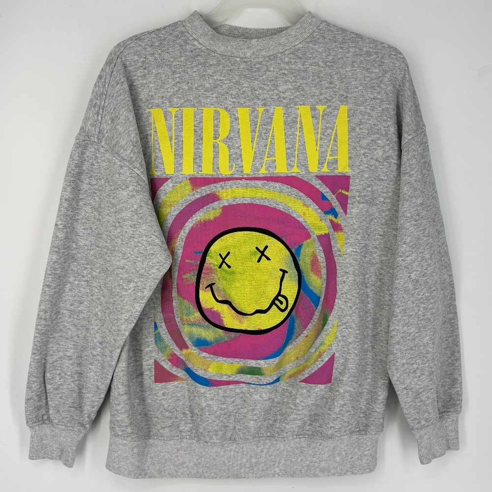 Divided H&M Adult XS Crewneck Sweatshirt Heather Gray Nirvana Smiley Tie Dye LS